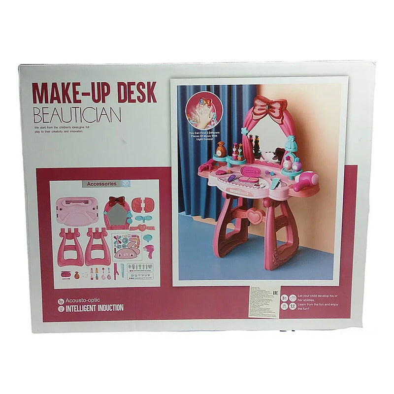 Banco Belleza Make Up Rosa Con Espejo Y Accesorios