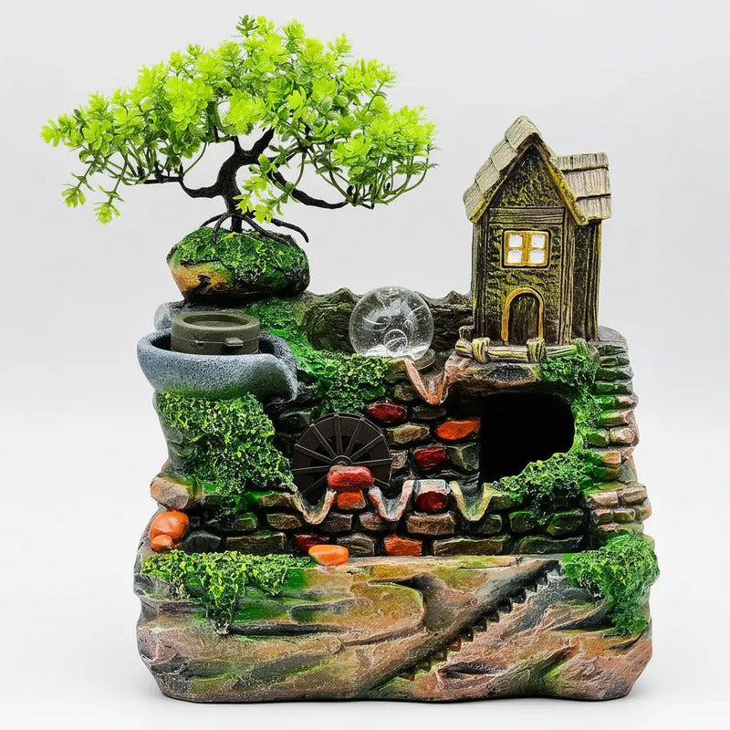 Fuente De Agua Casita Con Árbol Y Esfera