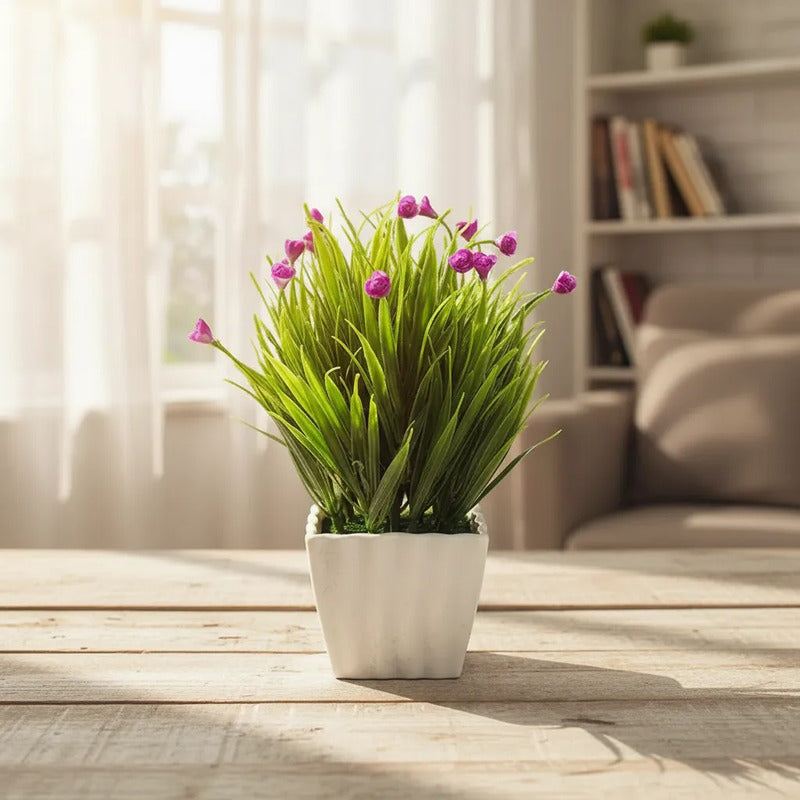 Mini Flor Con Pasto Artificial En Maceta
