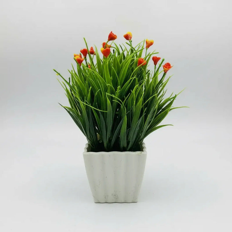 Mini Flor Con Pasto Artificial En Maceta