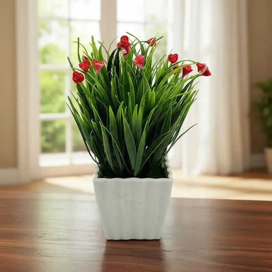 Mini Flor Con Pasto Artificial En Maceta