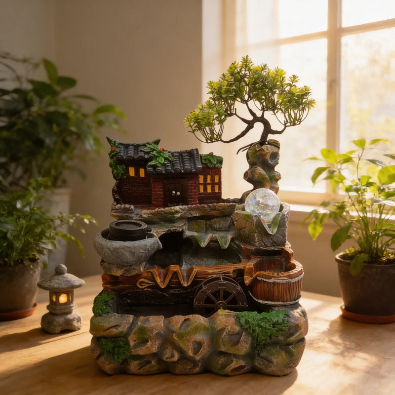 Fuente De Agua Casita Con Árbol