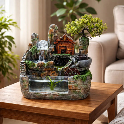Fuente De Agua Casita Con Árbol Y Esfera
