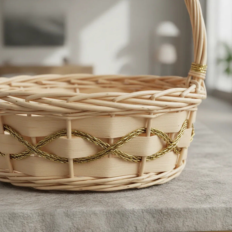 Canasta De Mimbre Con Dorado Mediana 35cm
