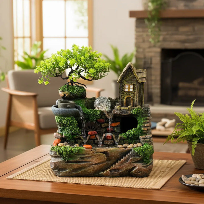 Fuente De Agua Casita Con Árbol Y Esfera