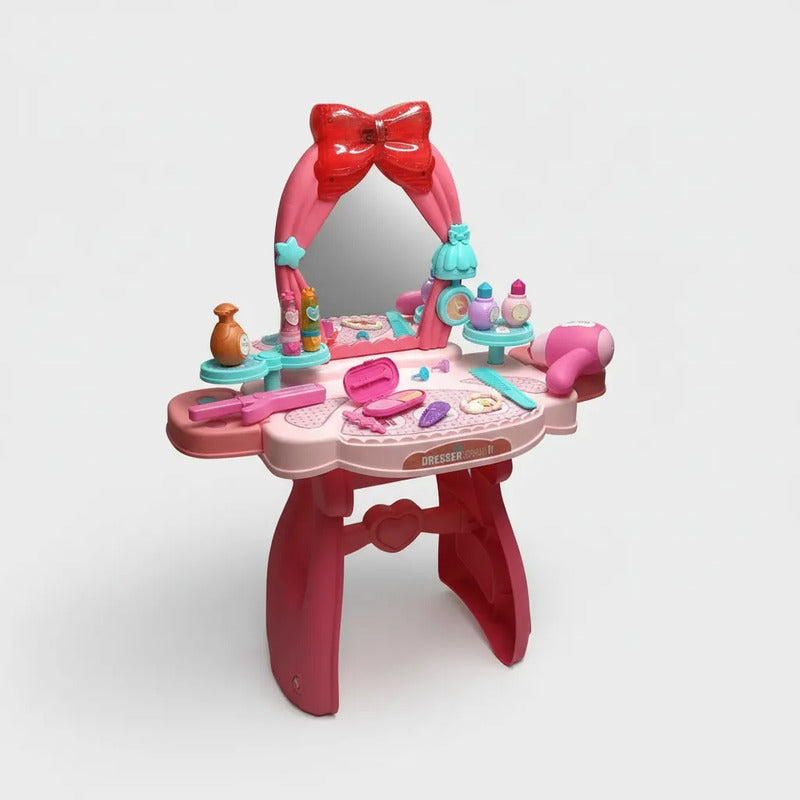 Banco Belleza Make Up Rosa Con Espejo Y Accesorios