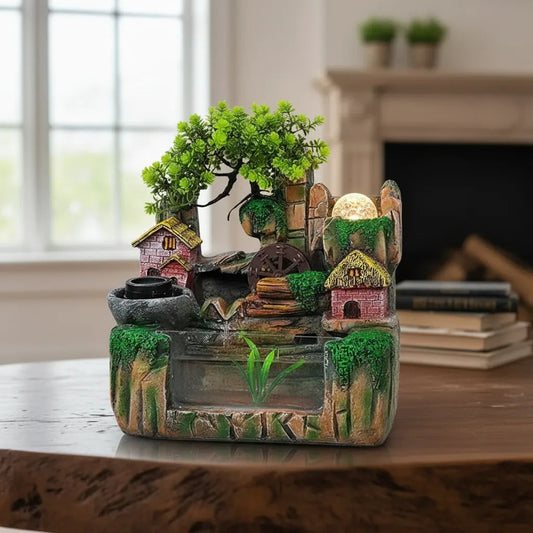 Fuente De Agua Casita Con Árbol Y Esfera
