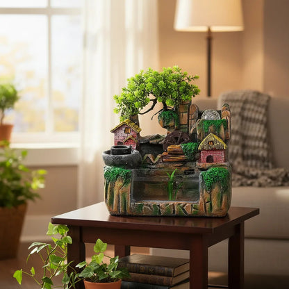 Fuente De Agua Casita Con Árbol Y Esfera