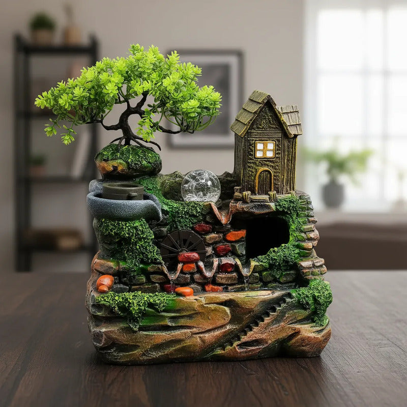 Fuente De Agua Casita Con Árbol Y Esfera