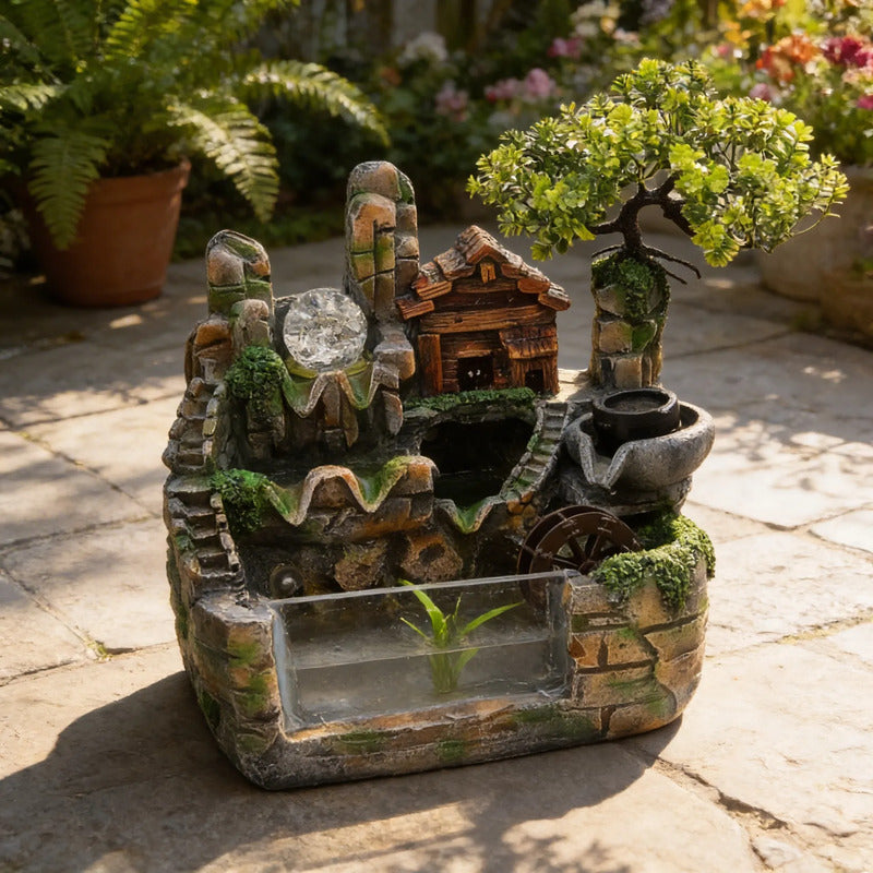 Fuente De Agua Casita Con Árbol Y Esfera