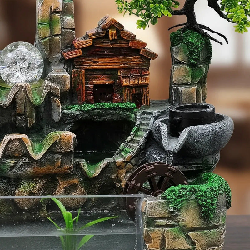 Fuente De Agua Casita Con Árbol Y Esfera