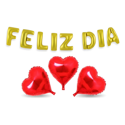 Set De Globos Feliz Día 41cm + 3 Globos Corazón
