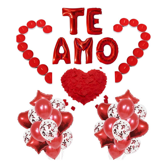 Set Globos Te Amo + Pétalos + Bouquet + Velas