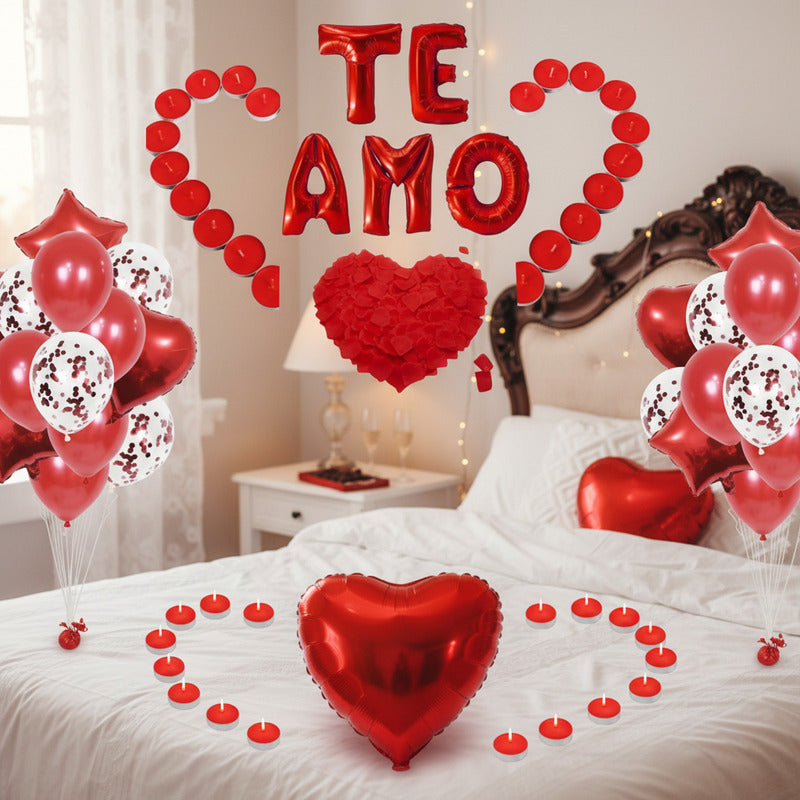 Set Globos Te Amo + Pétalos + Bouquet + Velas