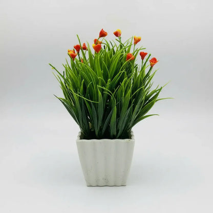 Mini Flor Con Pasto Artificial En Maceta