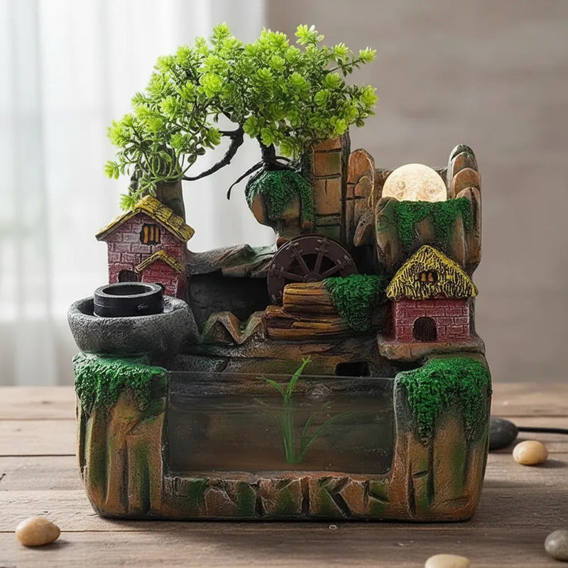 Fuente De Agua Casita Con Árbol Y Esfera